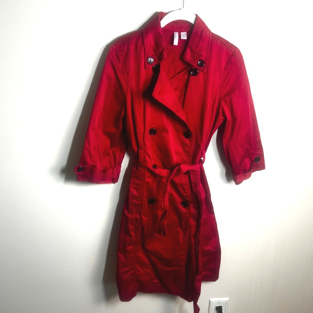 Old Navy‎ Womens Red Double Breasted Trench Coat 3/4 Sleeve Belted Small Vtg